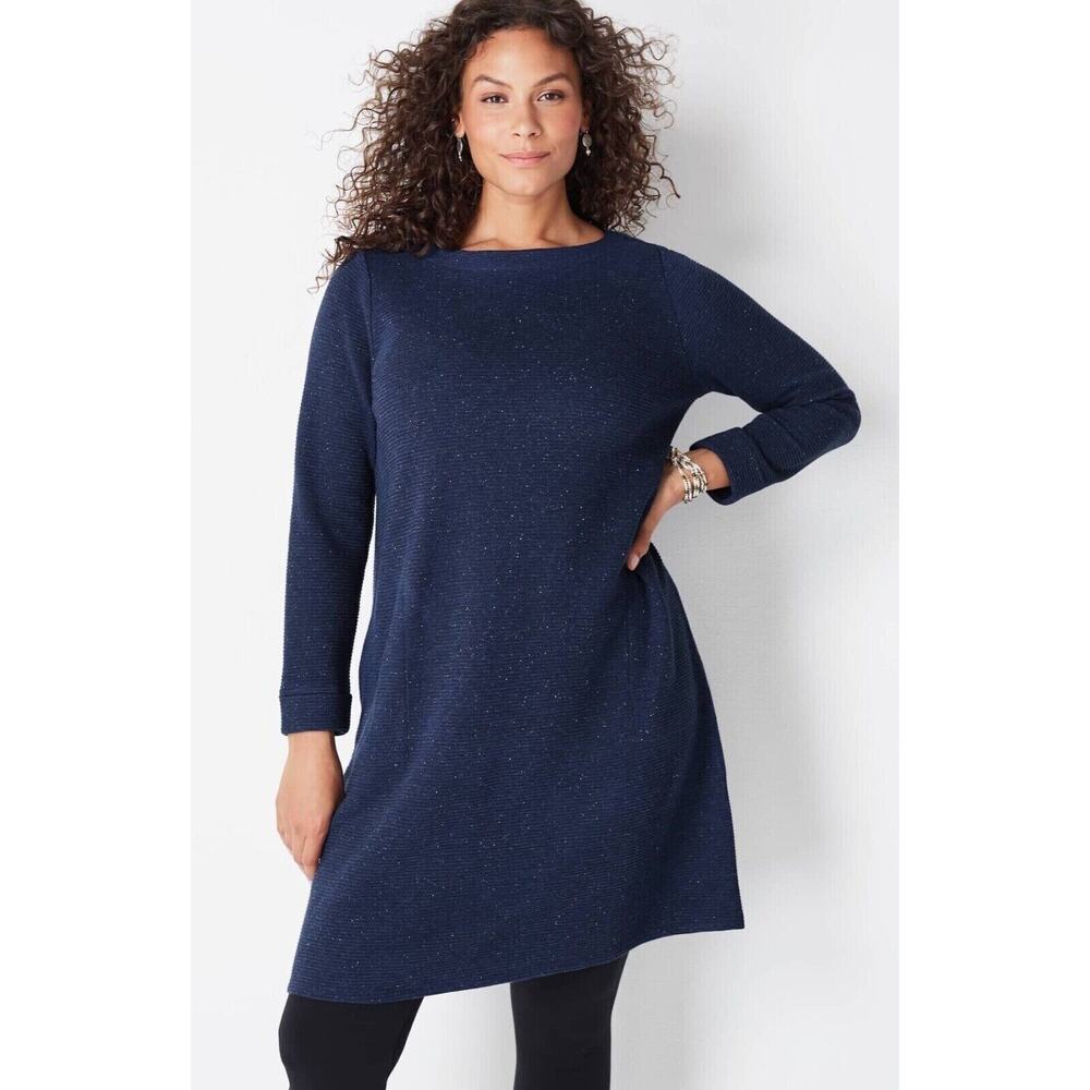 J Jill Wearever Blue Ribbed Ottoman Knit Tunic Dress Women XS Relaxed Pocket